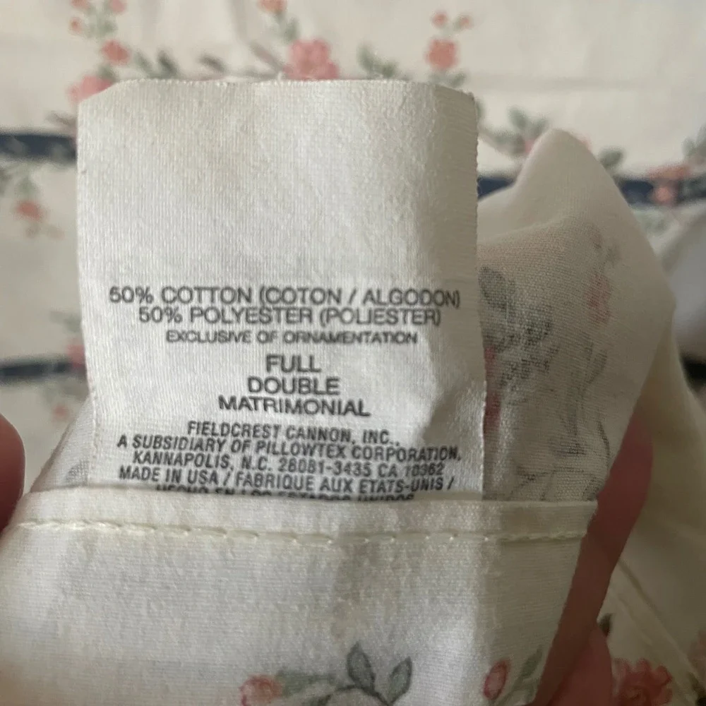 Vintage Fieldcrest Cannon Full Flat Sheet Pink Floral‎ Navy Stripe Cottagecore